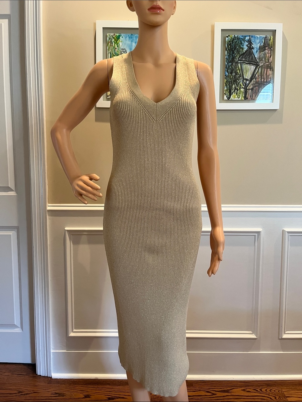 MICHAEL Michael Kors Beige Ribbed V-Neck Midi Dress